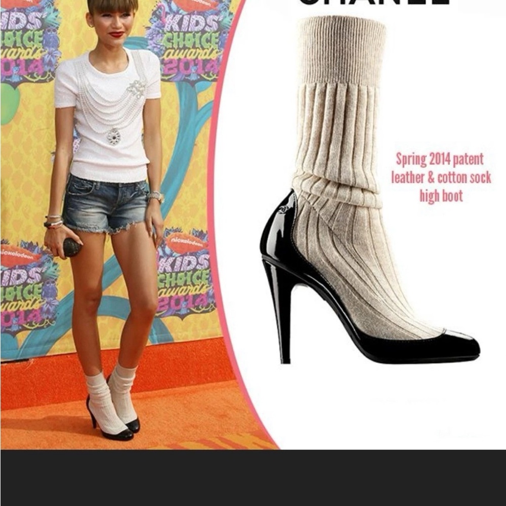CHANEL Cream and Black High Heel Sock Boots. 41